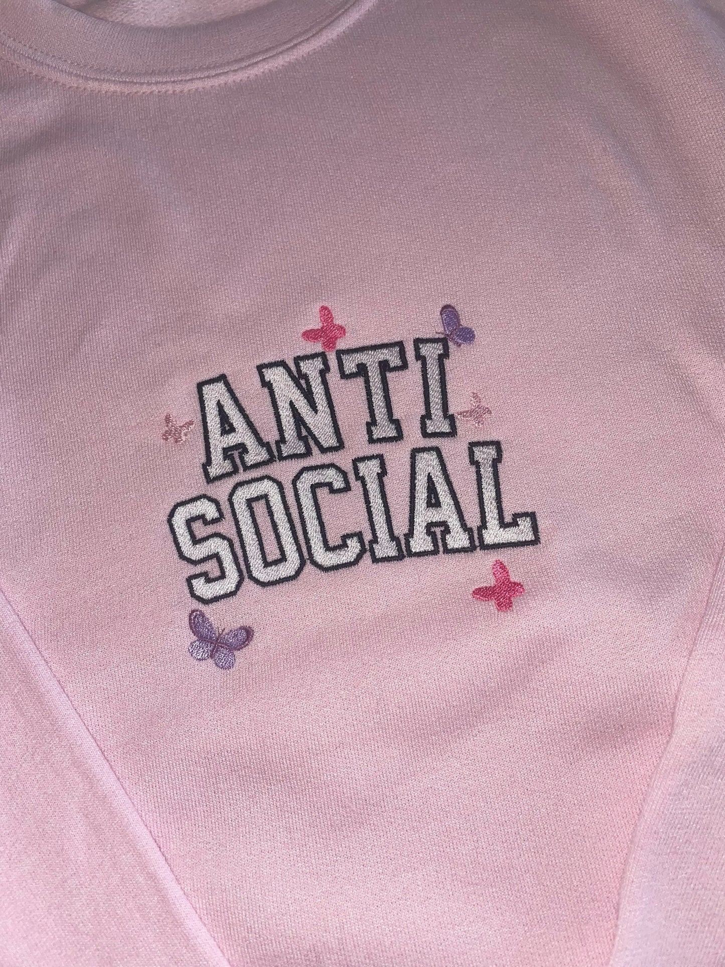 Antisocial Embroidered Sweatshirt - Embroidered Crewneck - Custom Sweatshirt - Custom Sweater - Introvert - AntiSocial - Pink