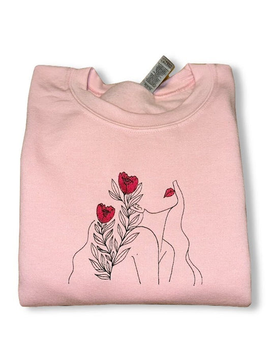 Floral Woman Embroidered Sweatshirt, Gift for Her, Beautiful Flowers, Line Art Embroidery, Pretty Lady, Custom Embroidered Sweatshirt