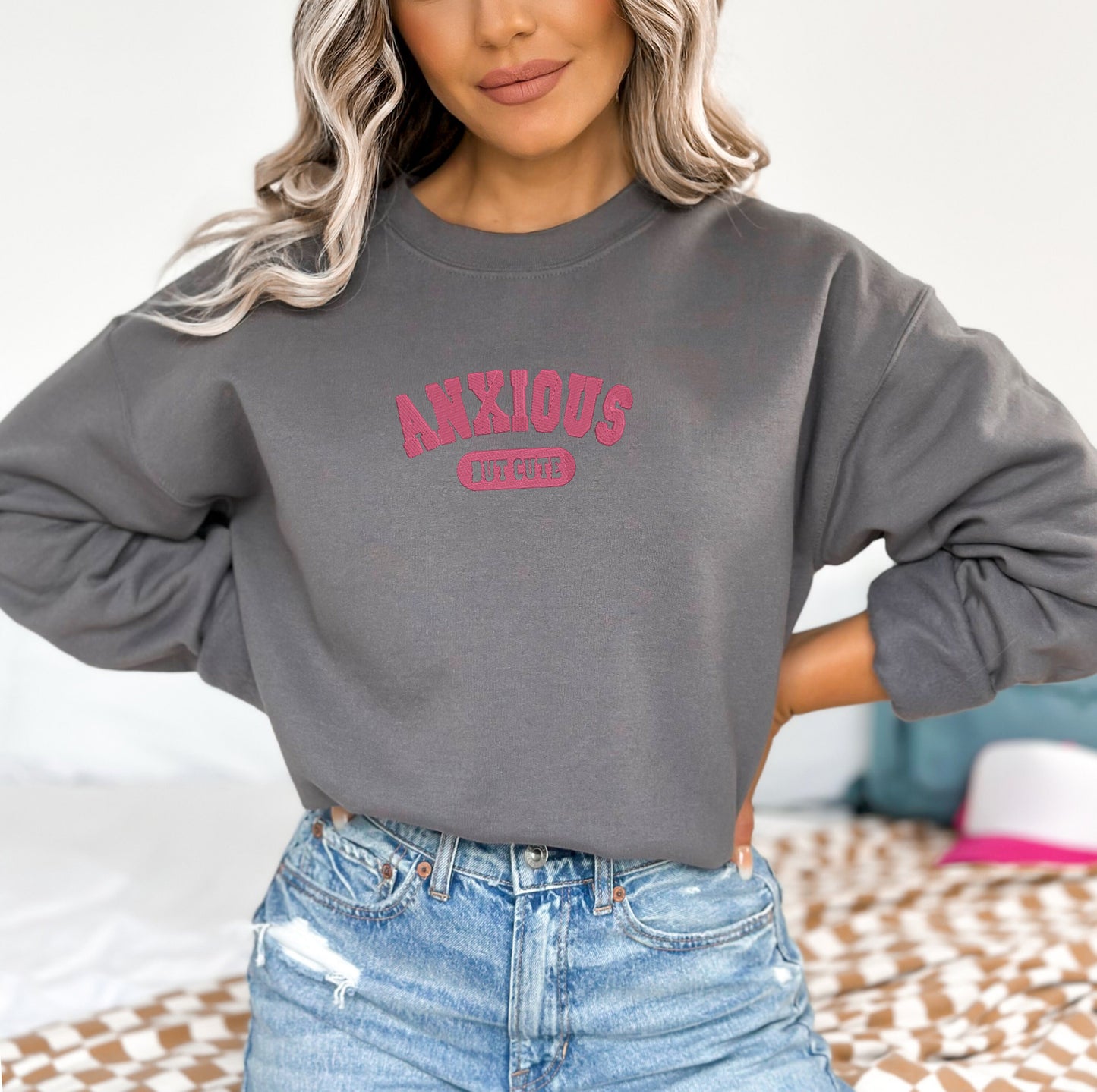 EMBROIDERED Anxious But Cute Sweatshirt, Anxious AF, Anxiety Sweatshirt, Oversized Sweatshirt, Mental Health Sweater, Anxiety Disorder Shirt