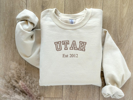 EMBROIDERED Personalized City Sweatshirt, Custom Text, College Crewneck, Pullover, Cozy Sweatshirt, Embroidered Text, Gift for her and him