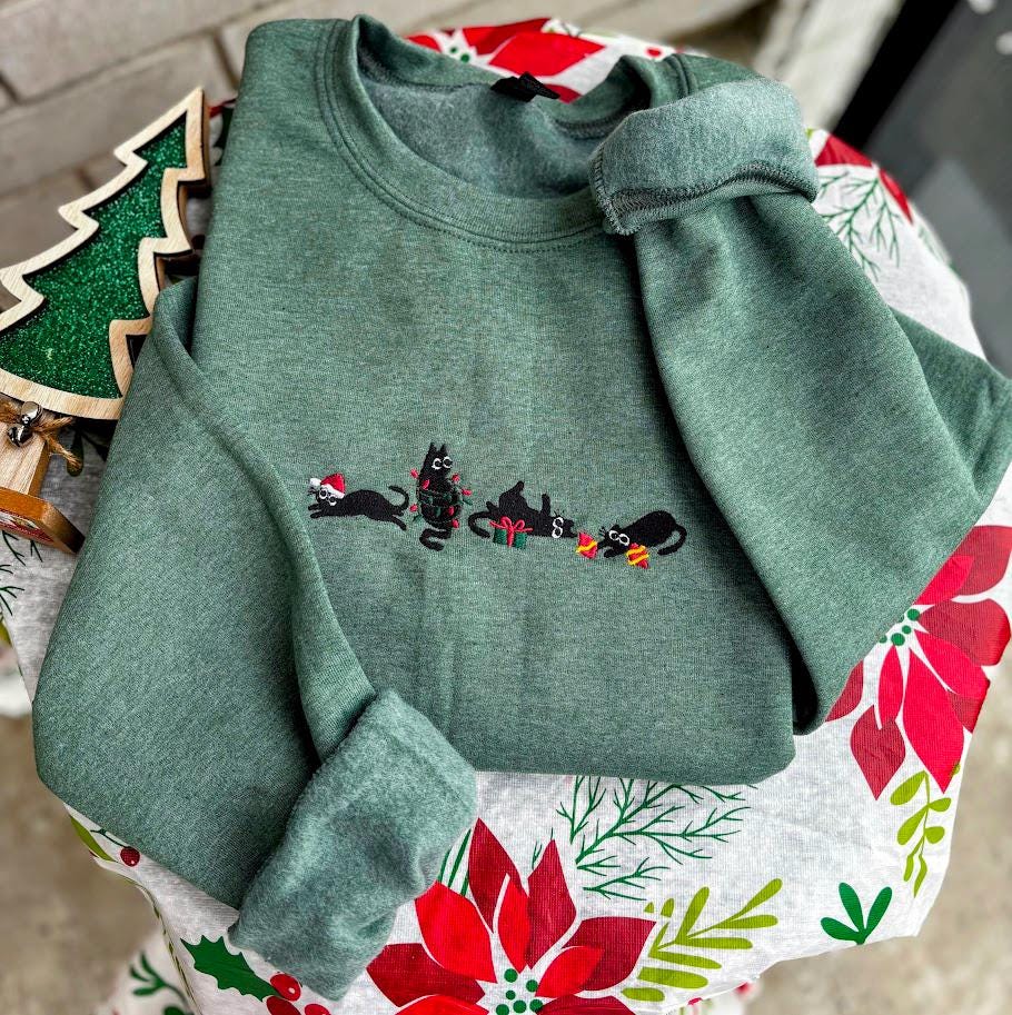 Christmas Cat Embroidered Sweatshirt, Cat Lover Crewneck, Christmas Gift, Festive Green Holiday Pet Sweater, Stocking Stuffer, Funny Sweater