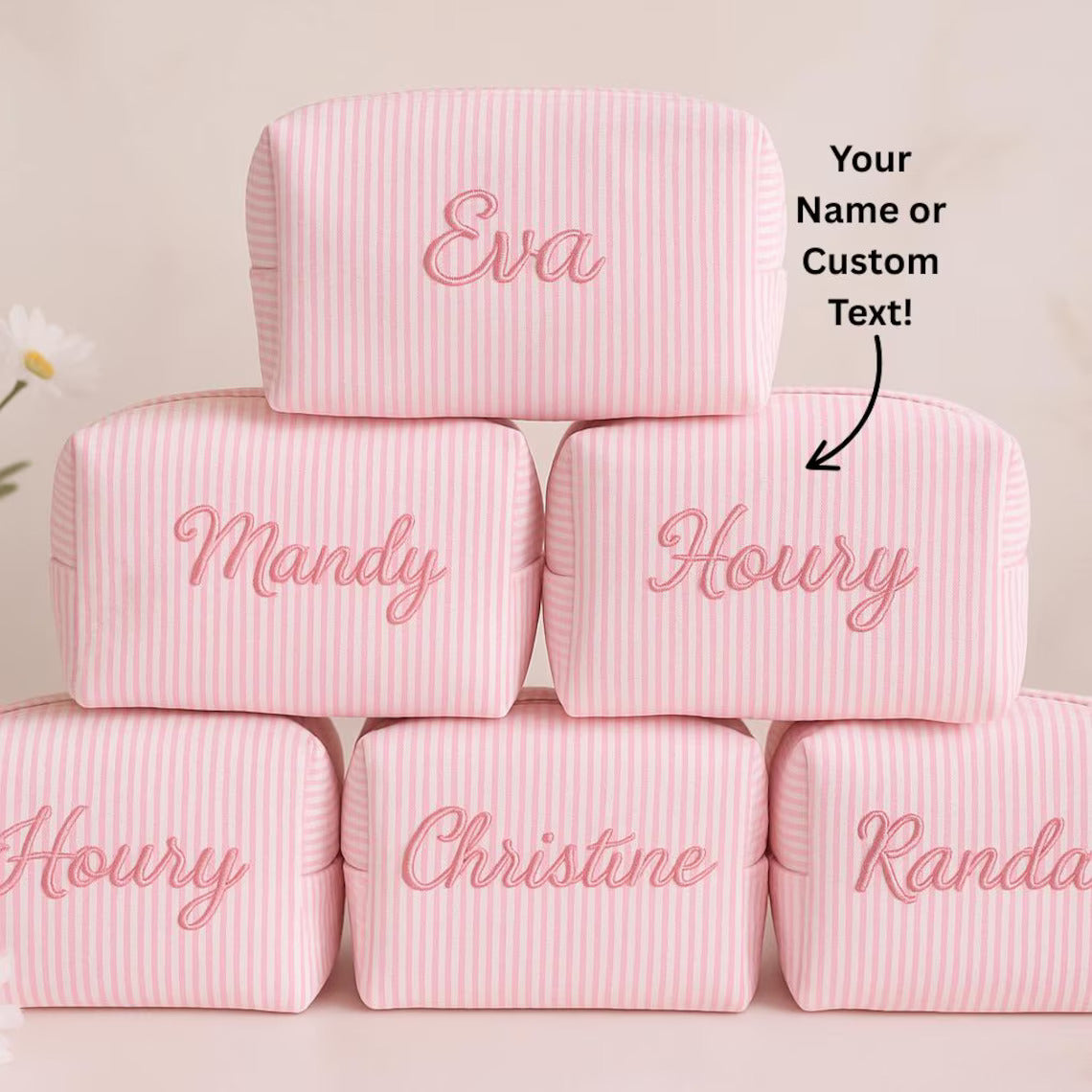 Striped Makeup Bag - Embroidered Custom Name