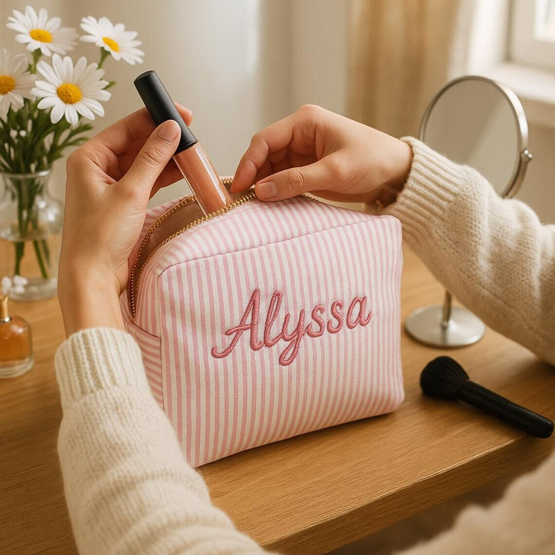 Striped Makeup Bag - Embroidered Custom Name