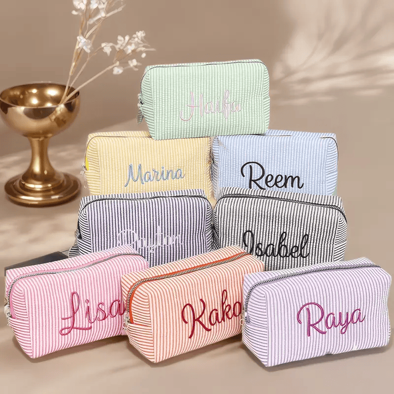 Striped Makeup Bag - Embroidered Custom Name