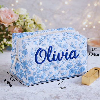 Floral Makeup Bag - Embroidered Custom Name