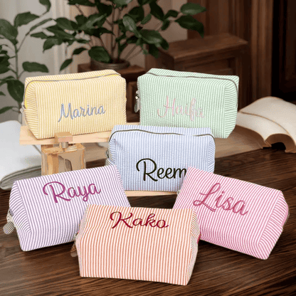 Striped Makeup Bag - Embroidered Custom Name