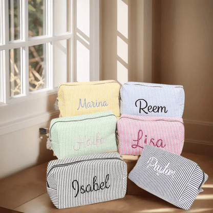 Striped Makeup Bag - Embroidered Custom Name