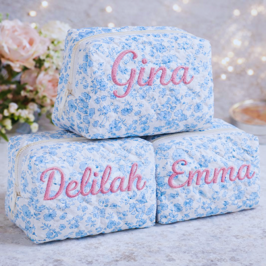 Floral Makeup Bag - Embroidered Custom Name