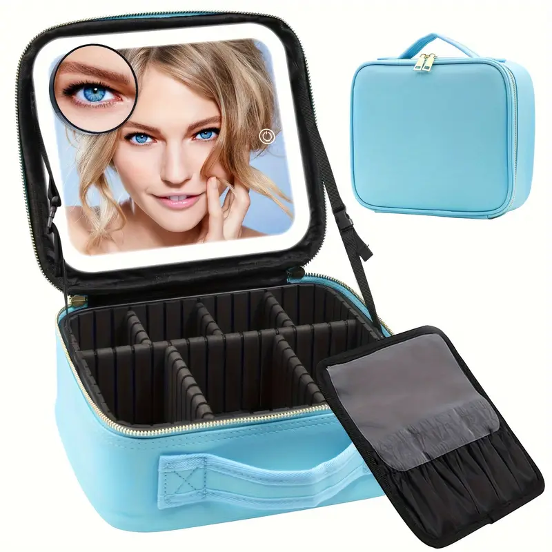 Travel Makeup Bag With 3 Color LED Mirror, Rechargeable, Cute Cosmetic Gift