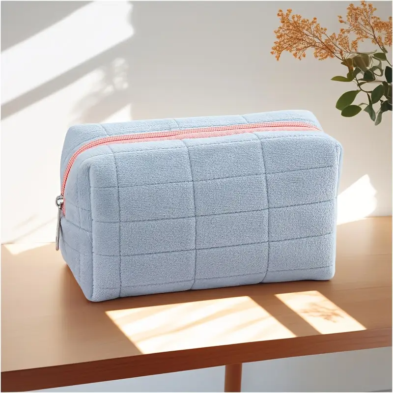 Soft Plush Quilted Makeup Bag, Lightweight Travel Cosmetic & Toiletry Organizer, Minimalist Solid Color Design