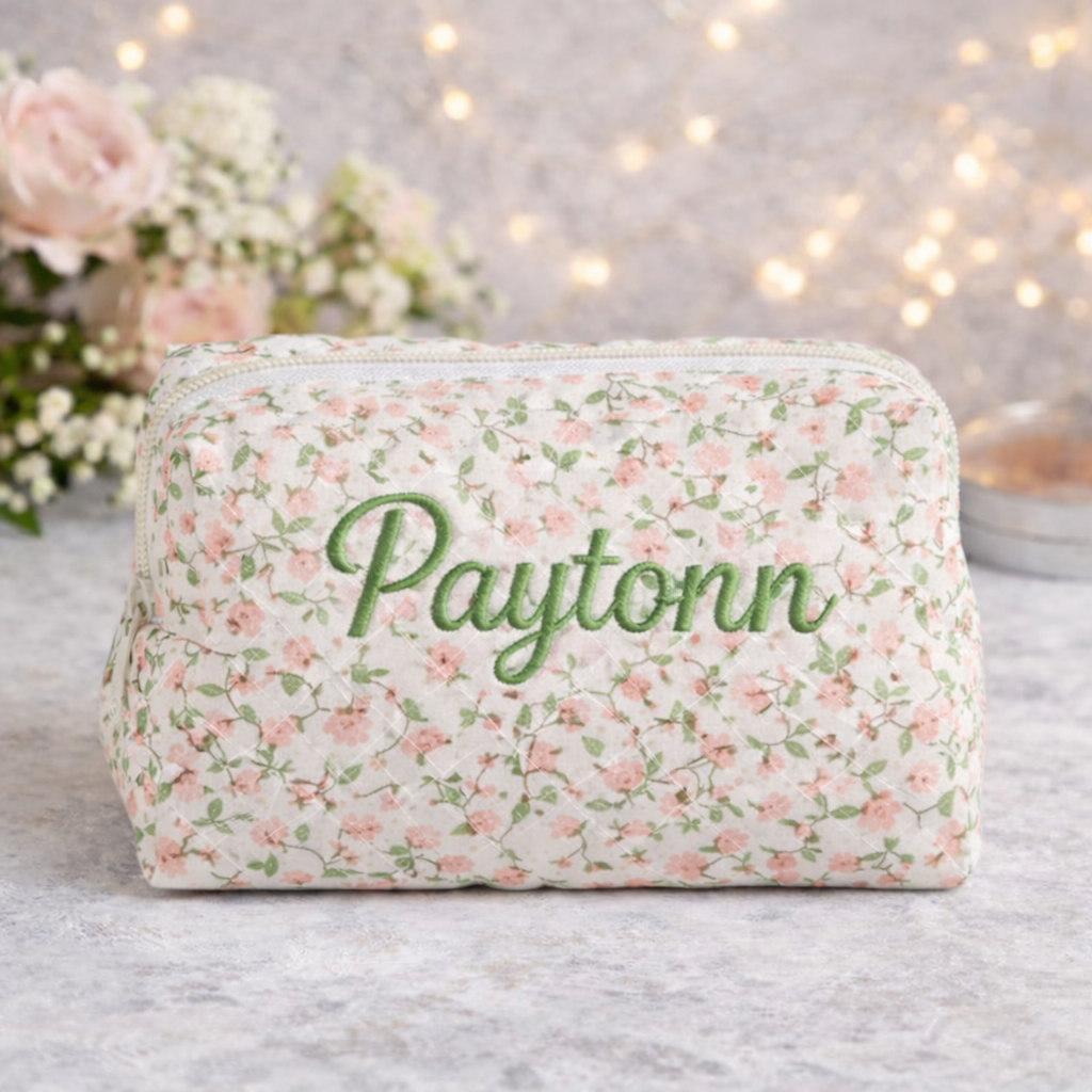 Floral Makeup Bag - Embroidered Custom Name