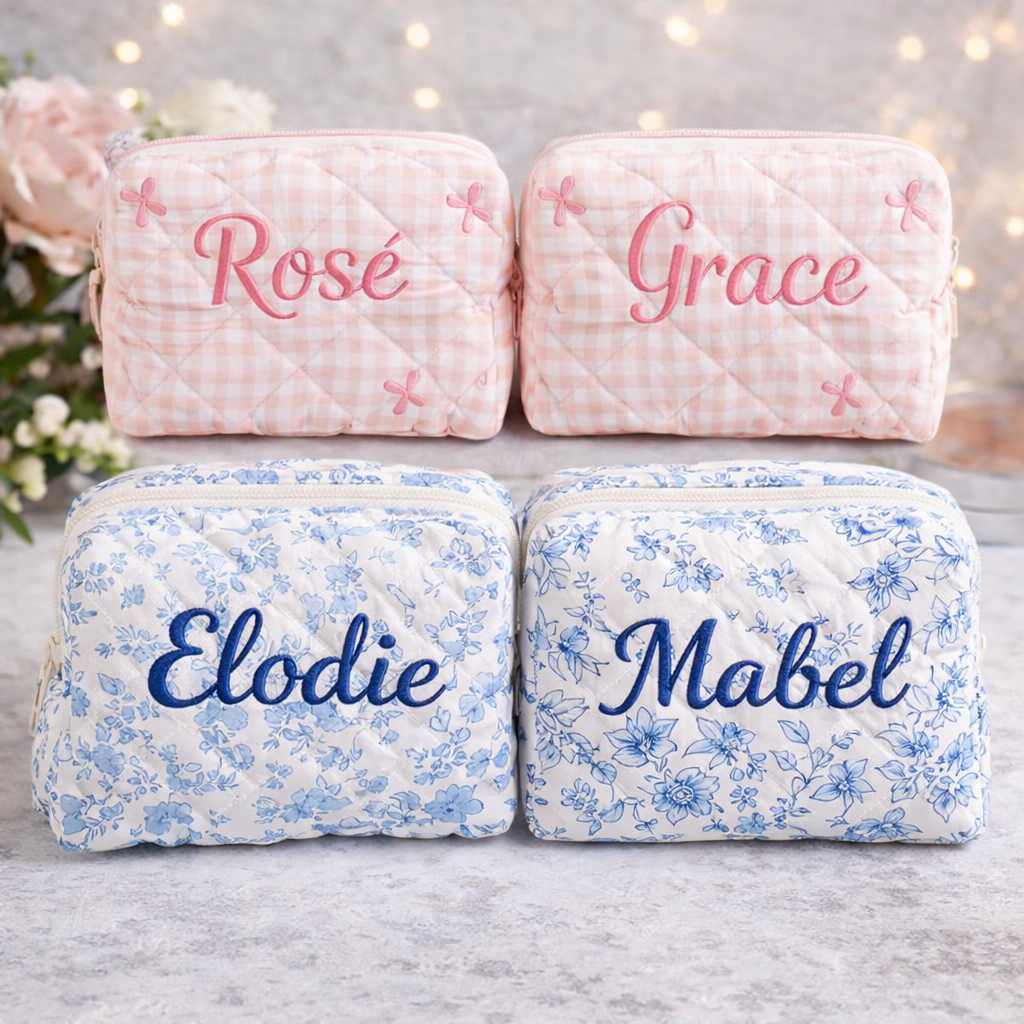Floral Makeup Bag - Embroidered Custom Name