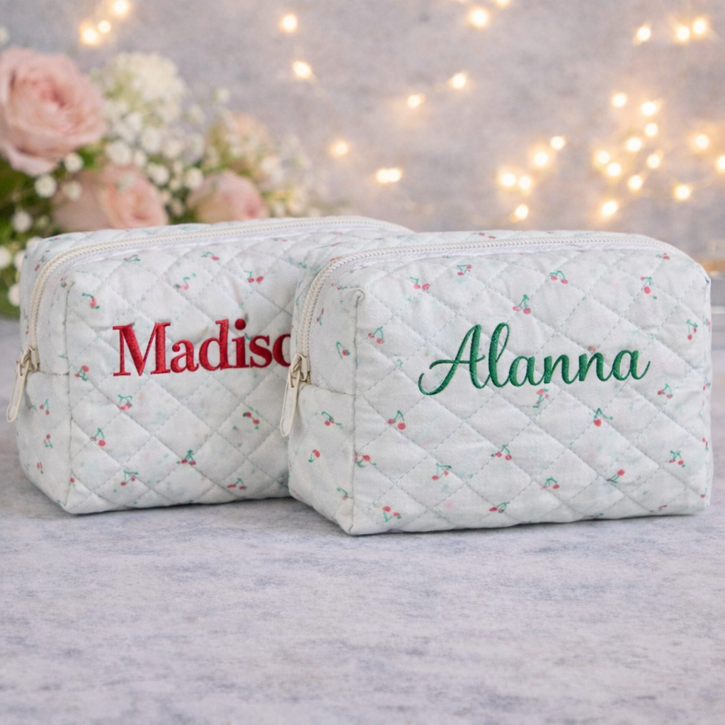 Floral Makeup Bag - Embroidered Custom Name