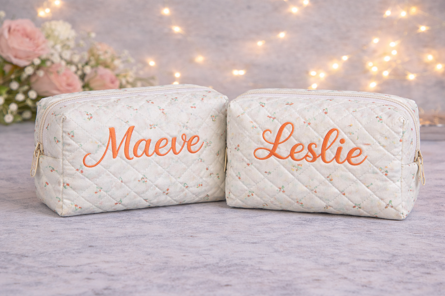 Floral Makeup Bag - Embroidered Custom Name