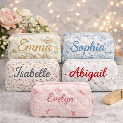 Floral Makeup Bag - Embroidered Custom Name