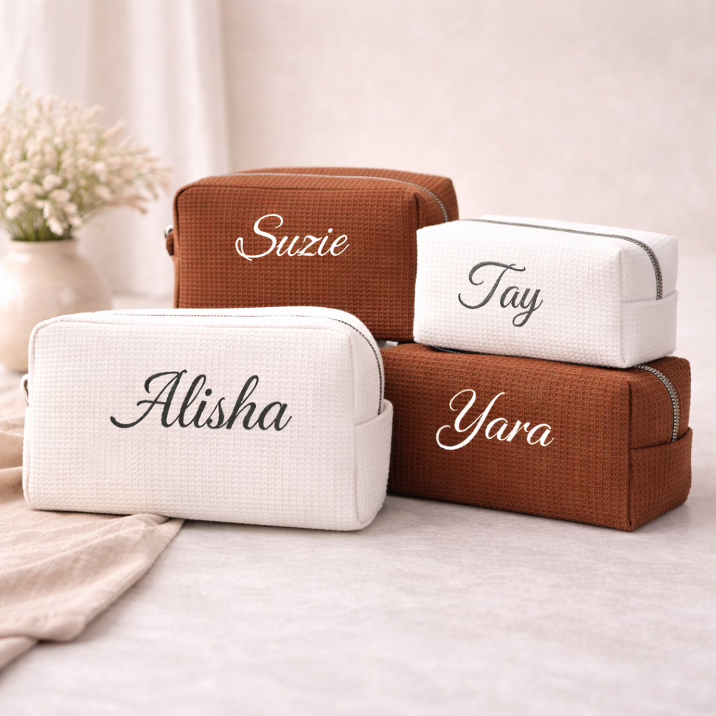 Waffle Makeup Bag - Embroidered Custom Name