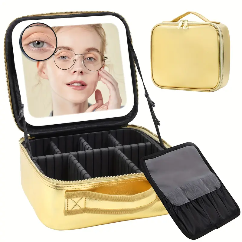 Travel Makeup Bag With 3 Color LED Mirror, Rechargeable, Cute Cosmetic Gift