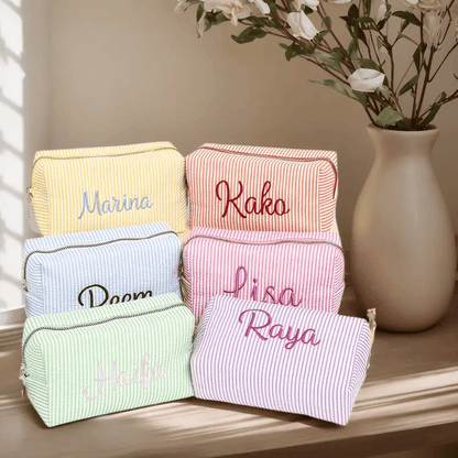 Striped Makeup Bag - Embroidered Custom Name