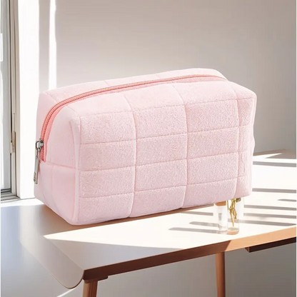 Soft Plush Quilted Makeup Bag, Lightweight Travel Cosmetic & Toiletry Organizer, Minimalist Solid Color Design