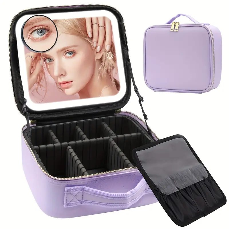 Travel Makeup Bag With 3 Color LED Mirror, Rechargeable, Cute Cosmetic Gift