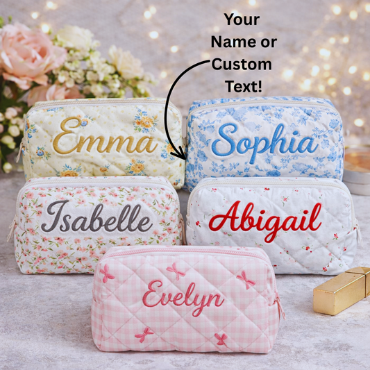 Floral Makeup Bag - Embroidered Custom Name