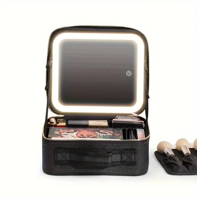 Travel Makeup Bag With 3 Color LED Mirror, Rechargeable, Cute Cosmetic Gift