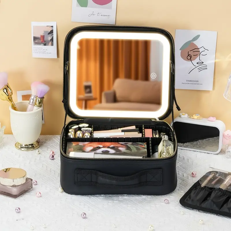 Travel Makeup Bag With 3 Color LED Mirror, Rechargeable, Cute Cosmetic Gift