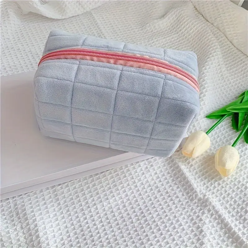 Soft Plush Quilted Makeup Bag, Lightweight Travel Cosmetic & Toiletry Organizer, Minimalist Solid Color Design