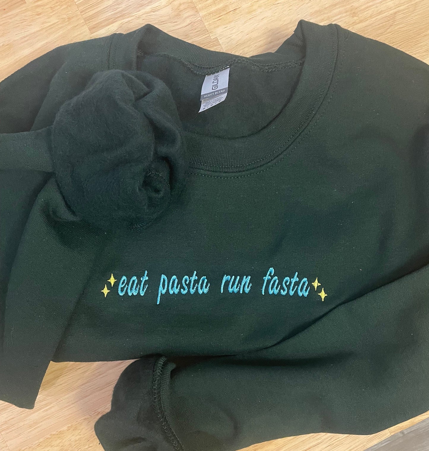 eat pasta run fasta… Embroidered Sweatshirt - Embroidered Crewneck - Custom Sweatshirt - Custom Sweater - Forest Green -