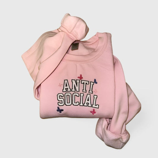 Antisocial Embroidered Sweatshirt - Embroidered Crewneck - Custom Sweatshirt - Custom Sweater - Introvert - AntiSocial - Pink