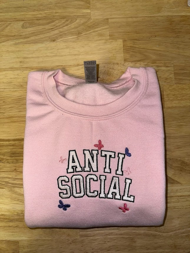 Antisocial Embroidered Sweatshirt - Embroidered Crewneck - Custom Sweatshirt - Custom Sweater - Introvert - AntiSocial - Pink