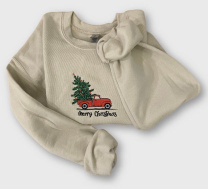 Christmas Tree Truck Embroidered Sweatshirt - Embroidered Crewneck - Custom Sweatshirt - Holiday Sweater - Christmas Sweater