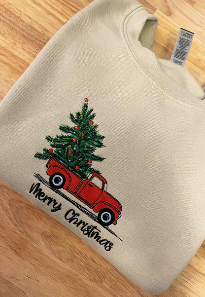 Christmas Tree Truck Embroidered Sweatshirt - Embroidered Crewneck - Custom Sweatshirt - Holiday Sweater - Christmas Sweater