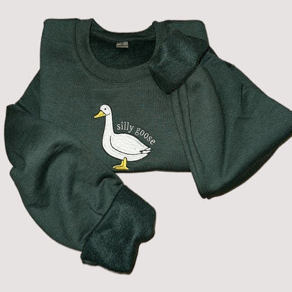 Silly Goose Embroidered Sweatshirt - Embroidered Crewneck - Green Sweatshirt - Custom Sweatshirt - Custom Sweater