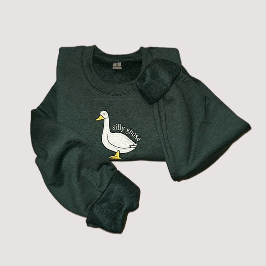 Silly Goose Embroidered Sweatshirt - Embroidered Crewneck - Green Sweatshirt - Custom Sweatshirt - Custom Sweater