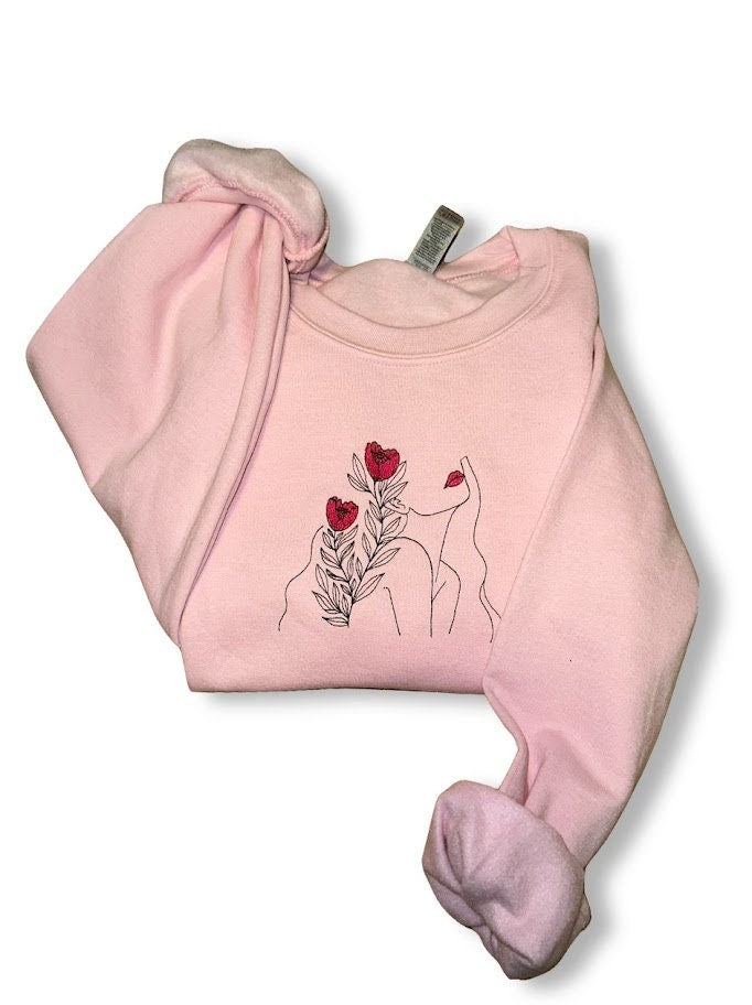 Floral Woman Embroidered Sweatshirt, Gift for Her, Beautiful Flowers, Line Art Embroidery, Pretty Lady, Custom Embroidered Sweatshirt