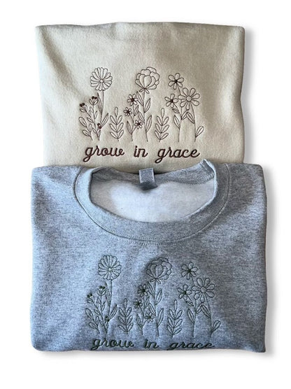 Floral Grow In Grace Embroidered Sweatshirt, Custom Crewneck Sweater, Trendy Oversized Sweatshirt, Gift for her, Flowers, Fall Sweatshirt