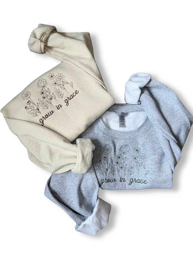 Floral Grow In Grace Embroidered Sweatshirt, Custom Crewneck Sweater, Trendy Oversized Sweatshirt, Gift for her, Flowers, Fall Sweatshirt