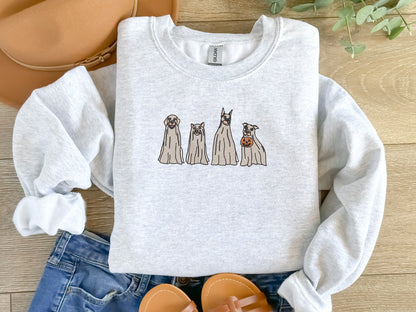 EMBROIDERED Retro Ghost Dogs Sweatshirt, Halloween Sweaters for Him and Her, Sweaters for Fall, Embroidered Sweatshirt, Clothing for Fall