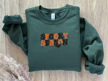 EMBROIDERED Spooky Season Sweatshirt, Halloween Sweater for Him and Her, Ghost, Back, PSL, Pumpkin Fall, Cute and Scary Embroidery, Fall