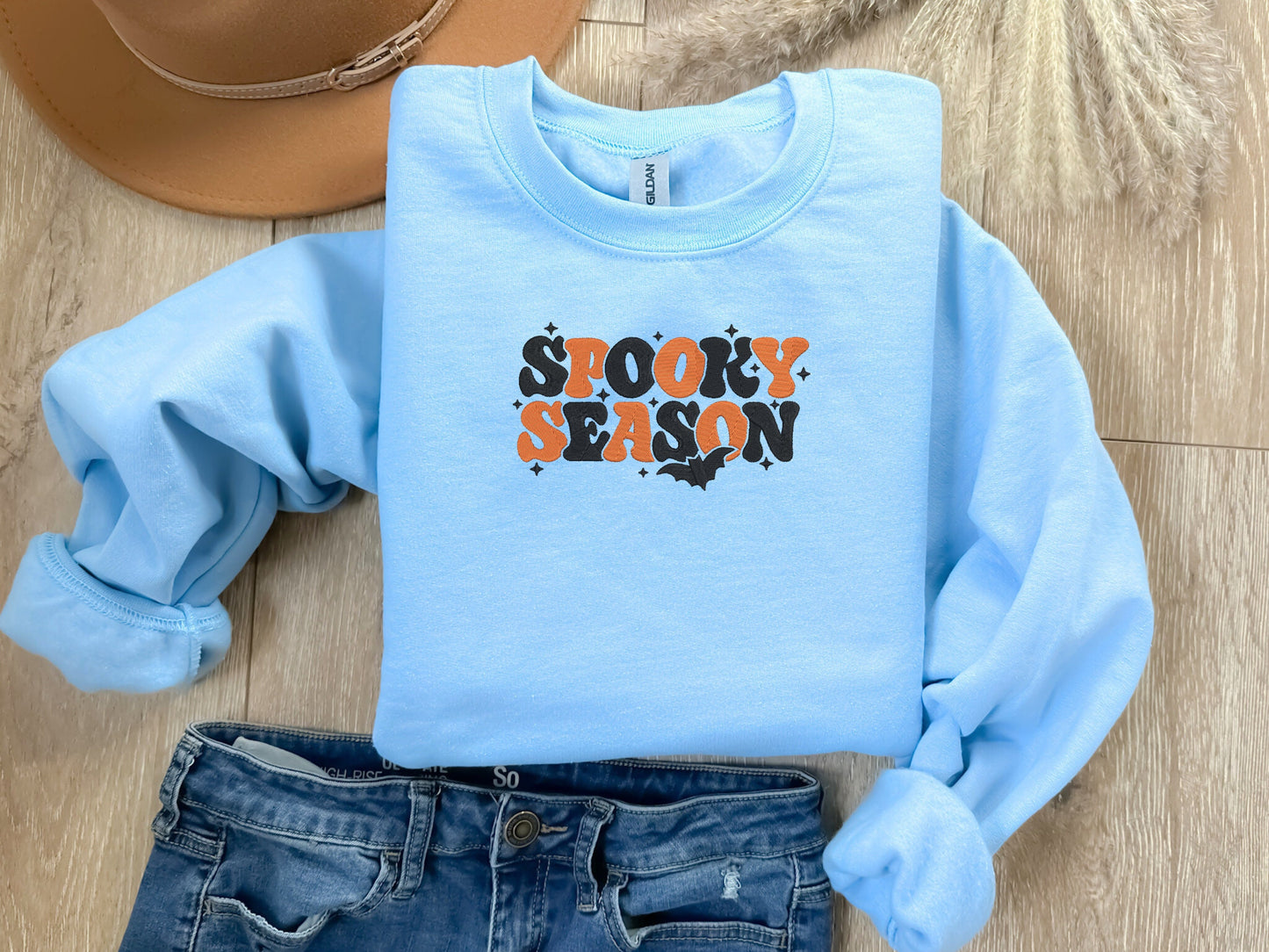 EMBROIDERED Spooky Season Sweatshirt, Halloween Sweater for Him and Her, Ghost, Back, PSL, Pumpkin Fall, Cute and Scary Embroidery, Fall