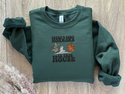 EMBROIDERED Horrors In This House Sweatshirt, Halloween Sweater for Him and Her, Sweaters for Fall, Embroidered Sweatshirt, Funny Sweaters