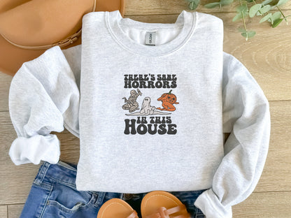 EMBROIDERED Horrors In This House Sweatshirt, Halloween Sweater for Him and Her, Sweaters for Fall, Embroidered Sweatshirt, Funny Sweaters