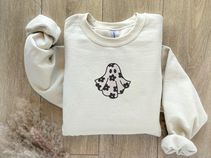 EMBROIDERED Daisy Flower Ghost Sweatshirt, Halloween Sweatshirt, Fall Sweatshirt for Men and Women, Halloween Crewneck, Funny, Spooky, Ghost