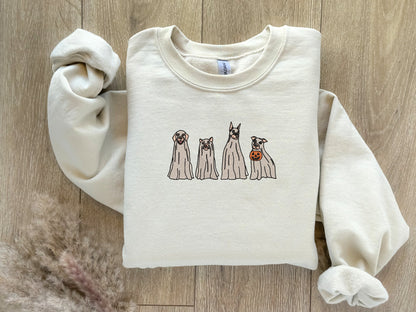 EMBROIDERED Retro Ghost Dogs Sweatshirt, Halloween Sweaters for Him and Her, Sweaters for Fall, Embroidered Sweatshirt, Clothing for Fall