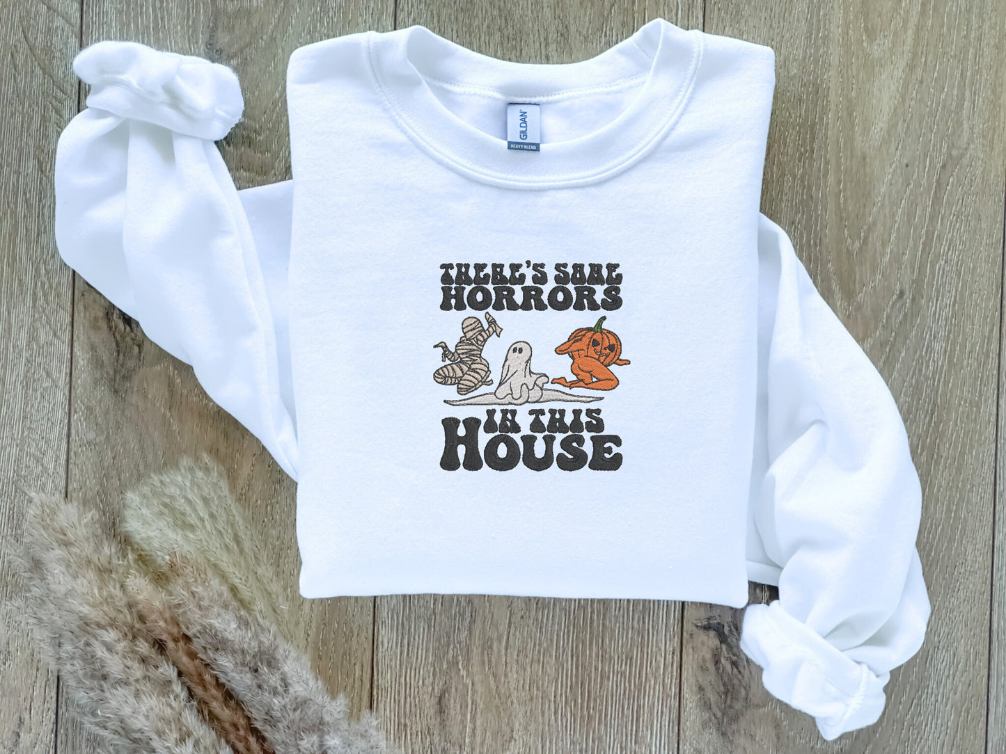 EMBROIDERED Horrors In This House Sweatshirt, Halloween Sweater for Him and Her, Sweaters for Fall, Embroidered Sweatshirt, Funny Sweaters