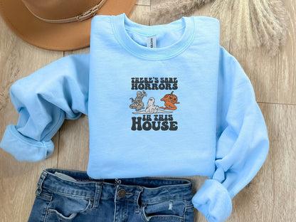 EMBROIDERED Horrors In This House Sweatshirt, Halloween Sweater for Him and Her, Sweaters for Fall, Embroidered Sweatshirt, Funny Sweaters