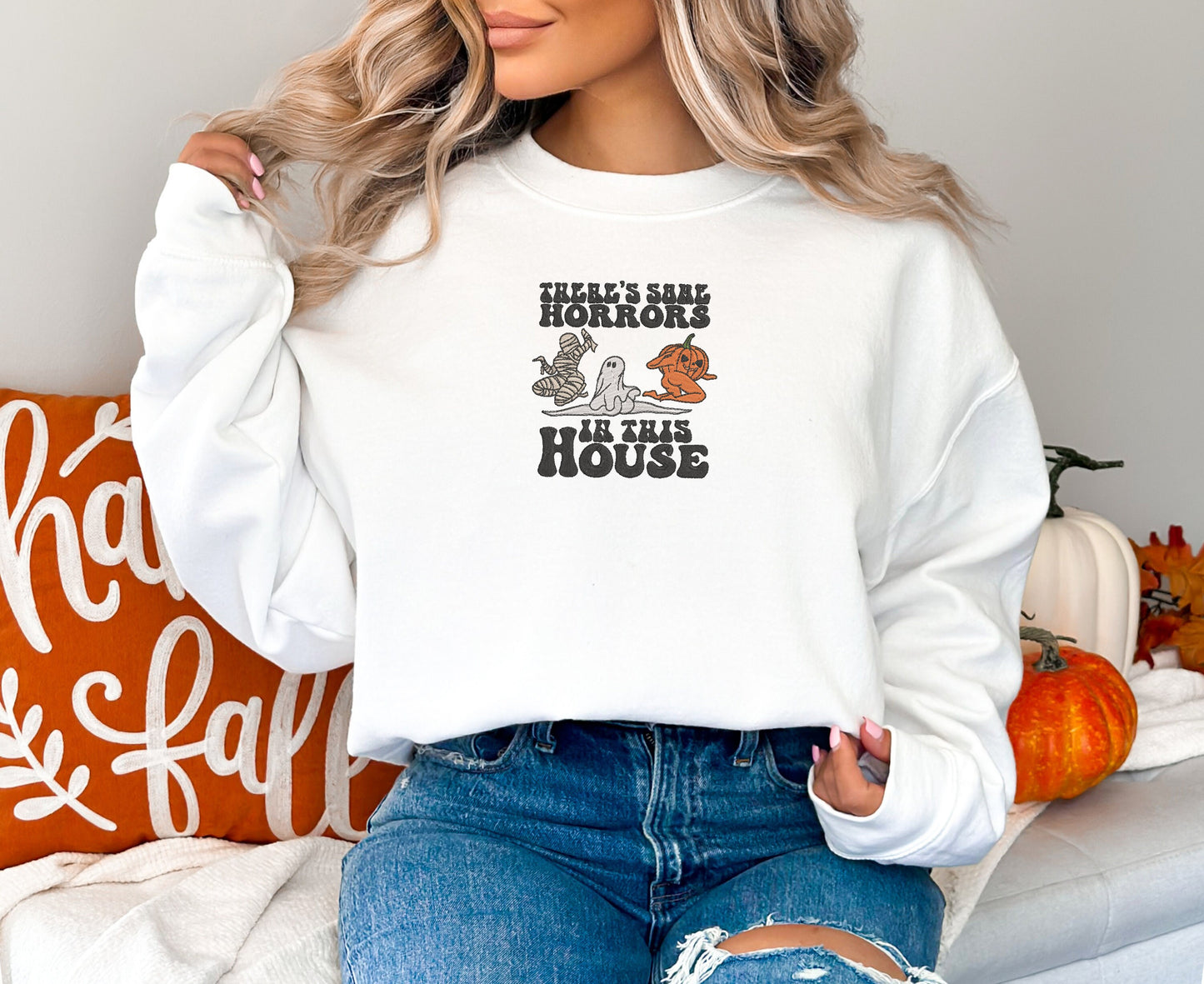 EMBROIDERED Horrors In This House Sweatshirt, Halloween Sweater for Him and Her, Sweaters for Fall, Embroidered Sweatshirt, Funny Sweaters