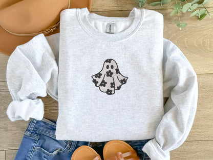 EMBROIDERED Daisy Flower Ghost Sweatshirt, Halloween Sweatshirt, Fall Sweatshirt for Men and Women, Halloween Crewneck, Funny, Spooky, Ghost