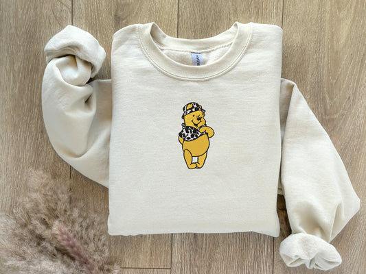 EMBROIDERED Cow Print Winnie the Pooh Sweatshirt, Fall Theme Crewneck, Custom Sweatshirt, Fall Sweater, Halloween Sweatshirt, Western Theme